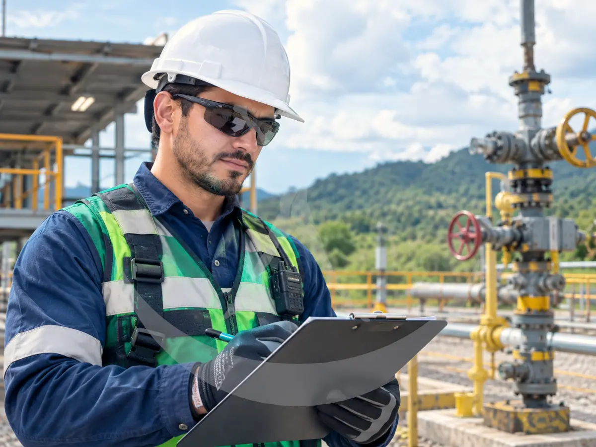 Trabajador del sector hidrocarburos y energía con equipo de protección completo en el Huila. Ilustrativo IA