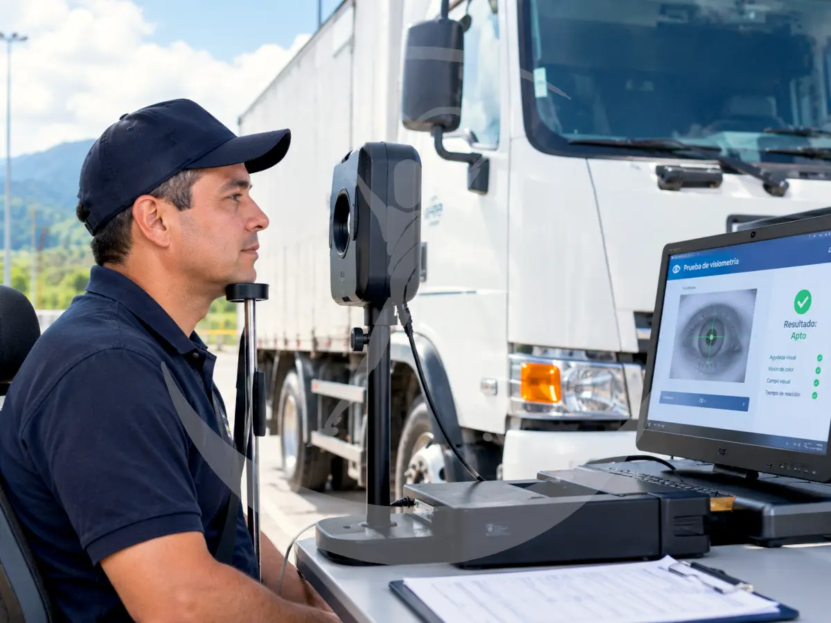 Conductor junto a su vehículo durante una prueba de visiometría para el sector transporte. Ilustrativo IA