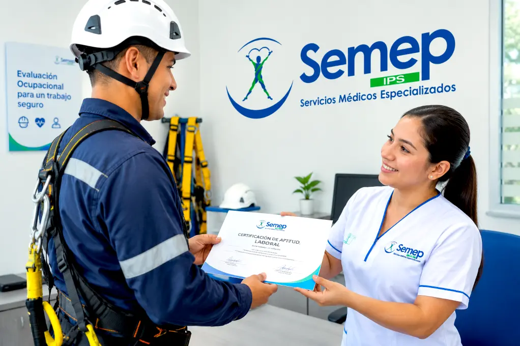 Trabajador con equipo de alturas recibiendo su certificado de aptitud. Imagen ilustrativa (IA)