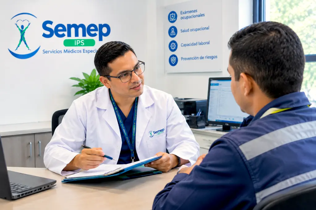 Médico de Semep conversando con un trabajador mientras revisa su historia clínica. Imagen ilustrativa (IA)
